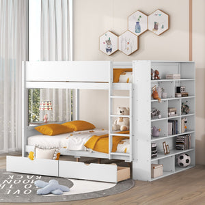HomeRoots White Full Over Full Wood Bunk Bed with Drawers, Storage & Safety Guardrails for Kids' Rooms 596459