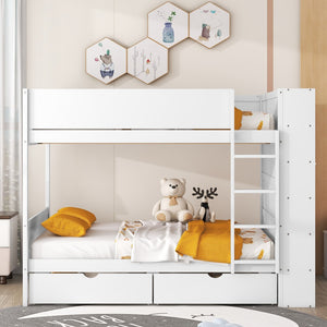 HomeRoots White Full Over Full Wood Bunk Bed with Drawers, Storage & Safety Guardrails for Kids' Rooms 596459