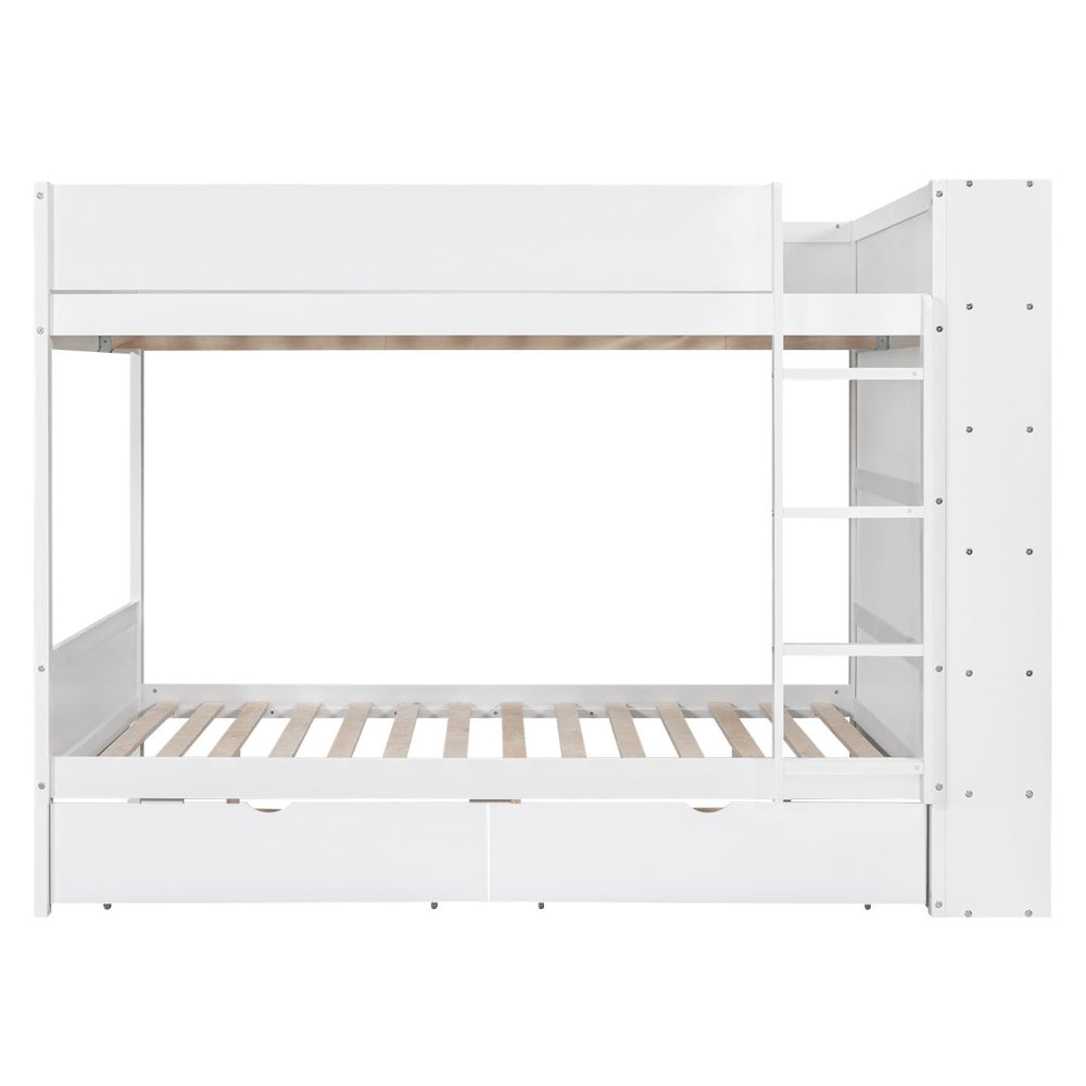 HomeRoots White Full Over Full Wood Bunk Bed with Drawers, Storage & Safety Guardrails for Kids' Rooms 596459