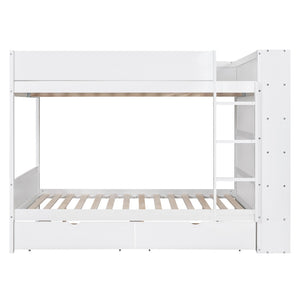 HomeRoots White Full Over Full Wood Bunk Bed with Drawers, Storage & Safety Guardrails for Kids' Rooms 596459