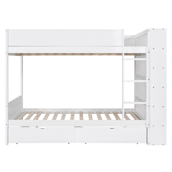 HomeRoots White Full Over Full Wood Bunk Bed with Drawers, Storage & Safety Guardrails for Kids' Rooms 596459