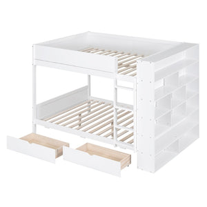 HomeRoots White Full Over Full Wood Bunk Bed with Drawers, Storage & Safety Guardrails for Kids' Rooms 596459