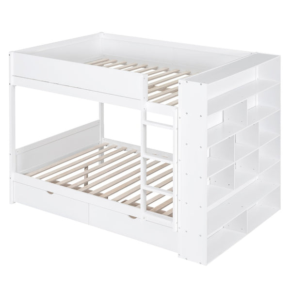 HomeRoots White Full Over Full Wood Bunk Bed with Drawers, Storage & Safety Guardrails for Kids' Rooms 596459