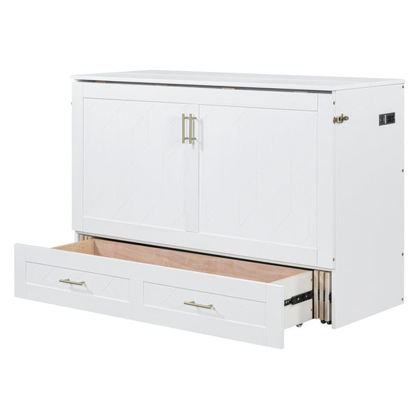 HomeRoots White Wood Full Murphy Bed with USB Port - Space-Saving Design for Stylish Multi-Purpose Living 596461