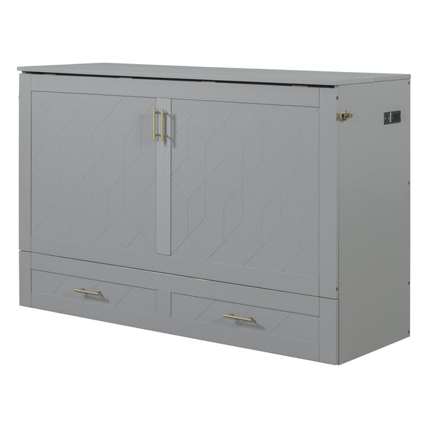HomeRoots Gray Wood Queen Murphy Bed with Integrated USB Charging - Space-Saving, Stylish Design for Small Rooms 596462
