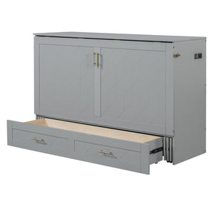 HomeRoots Gray Wood Queen Murphy Bed with Integrated USB Charging - Space-Saving, Stylish Design for Small Rooms 596462