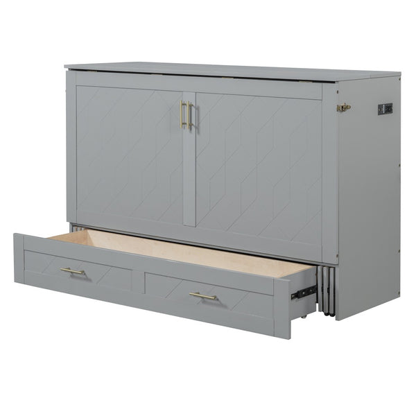 HomeRoots Gray Wood Queen Murphy Bed with Integrated USB Charging - Space-Saving, Stylish Design for Small Rooms 596462