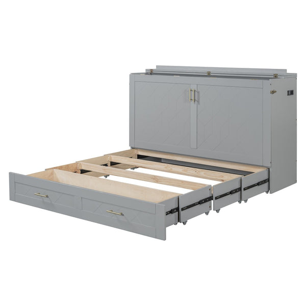 HomeRoots Gray Wood Queen Murphy Bed with Integrated USB Charging - Space-Saving, Stylish Design for Small Rooms 596462