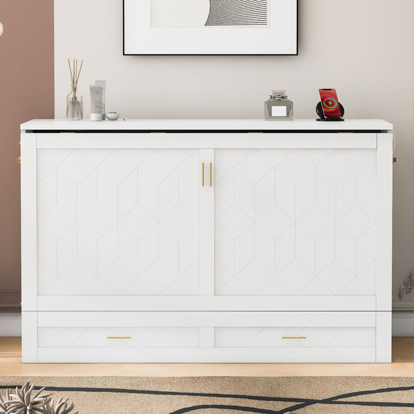 HomeRoots White Wood Queen Murphy Bed - Stylish Space-Saving Design with USB Charging for Modern Living Spaces 596463