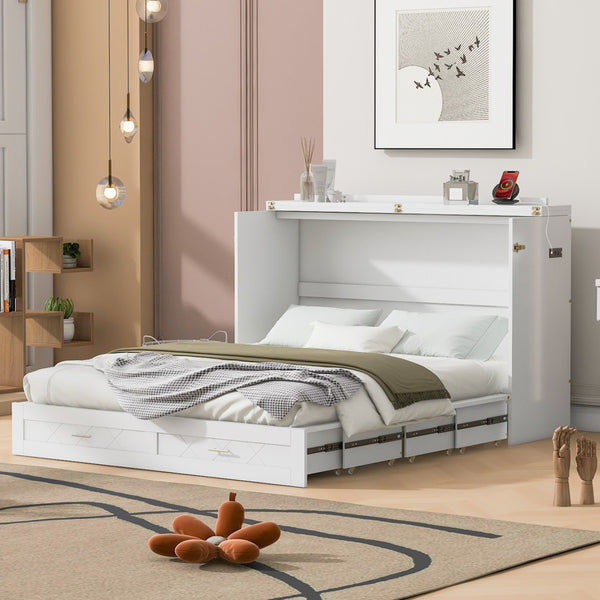 HomeRoots White Wood Queen Murphy Bed - Stylish Space-Saving Design with USB Charging for Modern Living Spaces 596463