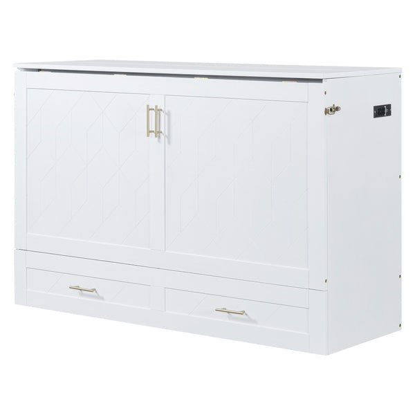 HomeRoots White Wood Queen Murphy Bed - Stylish Space-Saving Design with USB Charging for Modern Living Spaces 596463