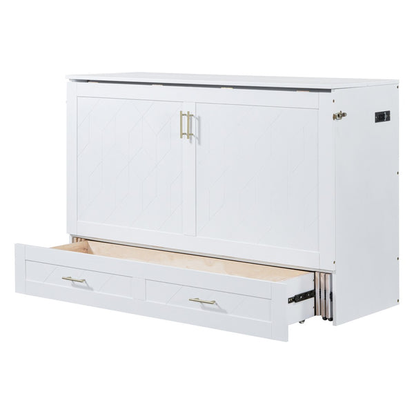 HomeRoots White Wood Queen Murphy Bed - Stylish Space-Saving Design with USB Charging for Modern Living Spaces 596463