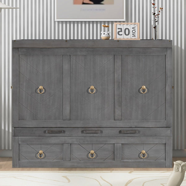 HomeRoots Gray Wood Full Murphy Bed - Space-Saving with USB Charging, Modern Farmhouse Design for Versatile Rooms 596464