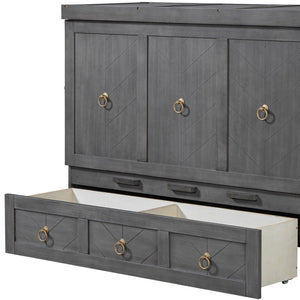 HomeRoots Gray Wood Full Murphy Bed - Space-Saving with USB Charging, Modern Farmhouse Design for Versatile Rooms 596464