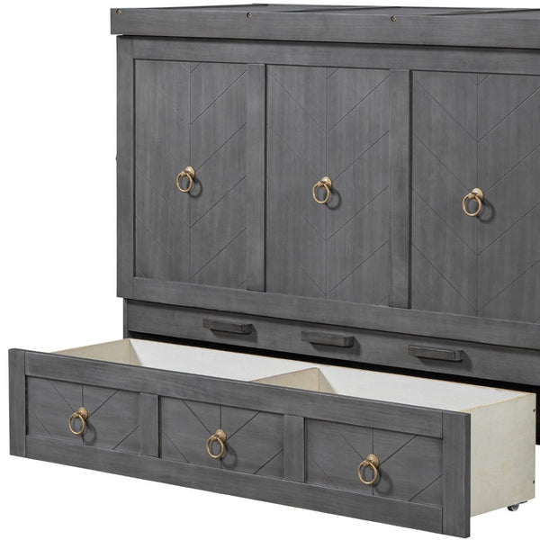 HomeRoots Gray Wood Full Murphy Bed - Space-Saving with USB Charging, Modern Farmhouse Design for Versatile Rooms 596464