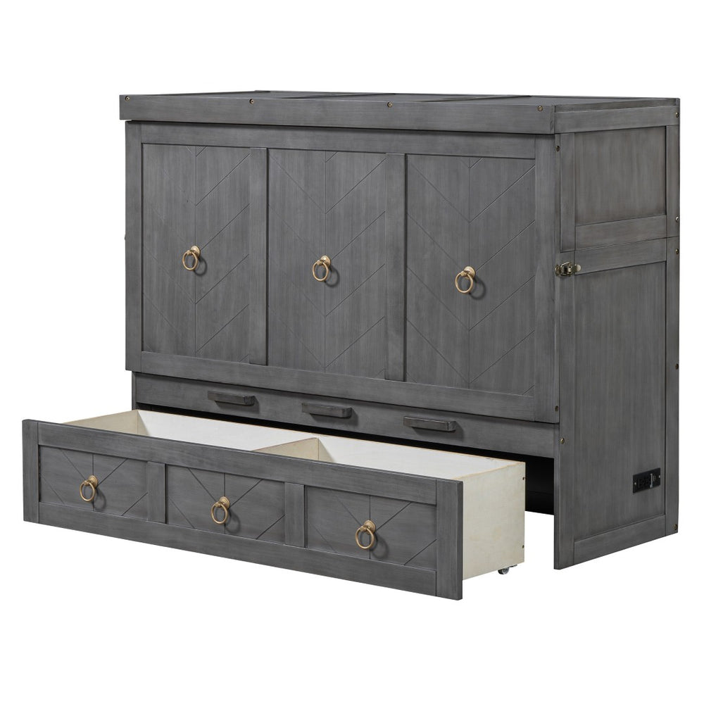 HomeRoots Gray Wood Full Murphy Bed - Space-Saving with USB Charging, Modern Farmhouse Design for Versatile Rooms 596464