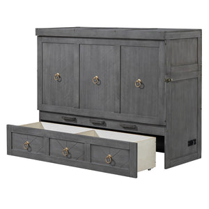 HomeRoots Gray Wood Full Murphy Bed - Space-Saving with USB Charging, Modern Farmhouse Design for Versatile Rooms 596464