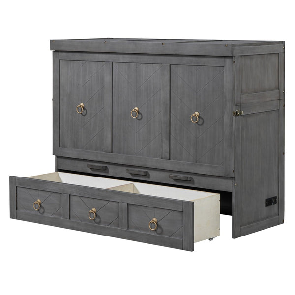 HomeRoots Gray Wood Full Murphy Bed - Space-Saving with USB Charging, Modern Farmhouse Design for Versatile Rooms 596464