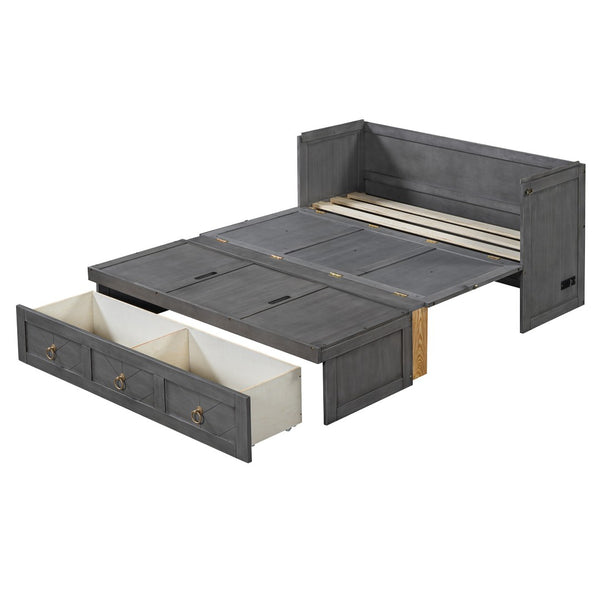 HomeRoots Gray Wood Full Murphy Bed - Space-Saving with USB Charging, Modern Farmhouse Design for Versatile Rooms 596464