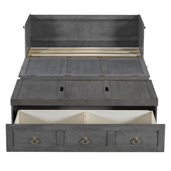 HomeRoots Gray Wood Full Murphy Bed - Space-Saving with USB Charging, Modern Farmhouse Design for Versatile Rooms 596464