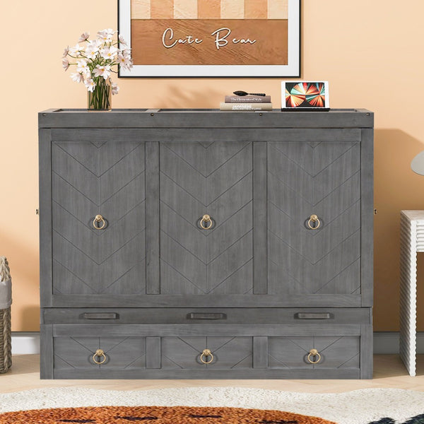 HomeRoots Gray Wood Queen Murphy Bed – Space-Saving Design with USB Port for Modern Homes & Guest Rooms 596466