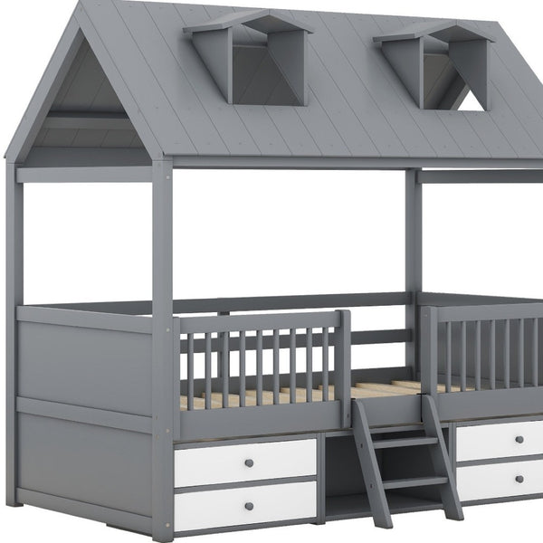 HomeRoots Gray Wood Twin House Bed - Stylish, Sturdy Design for Cozy Bedrooms | Modern Playful Sleep Nook 596468