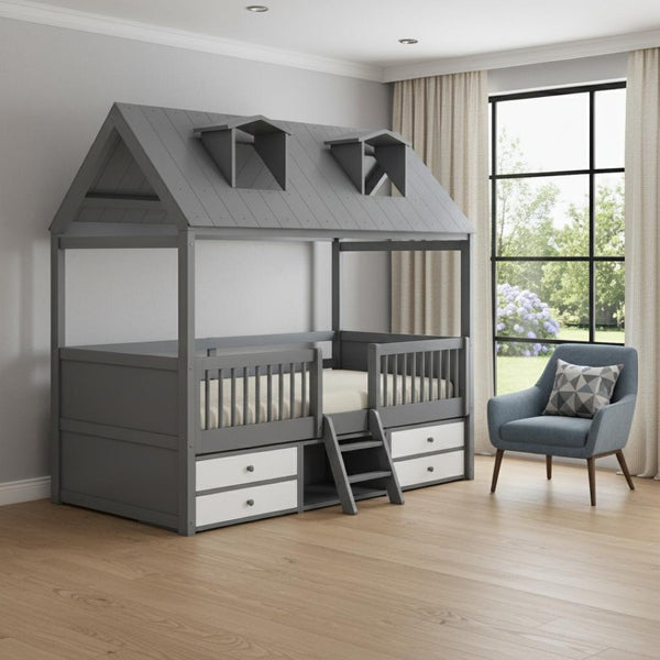 HomeRoots Gray Wood Twin House Bed - Stylish, Sturdy Design for Cozy Bedrooms | Modern Playful Sleep Nook 596468