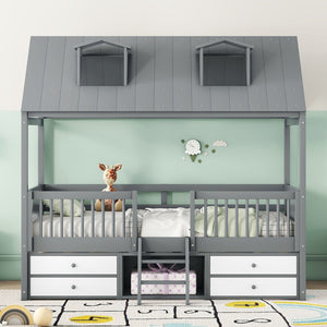 HomeRoots Gray Wood Twin House Bed - Stylish, Sturdy Design for Cozy Bedrooms | Modern Playful Sleep Nook 596468