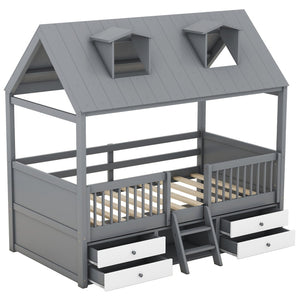 HomeRoots Gray Wood Twin House Bed - Stylish, Sturdy Design for Cozy Bedrooms | Modern Playful Sleep Nook 596468