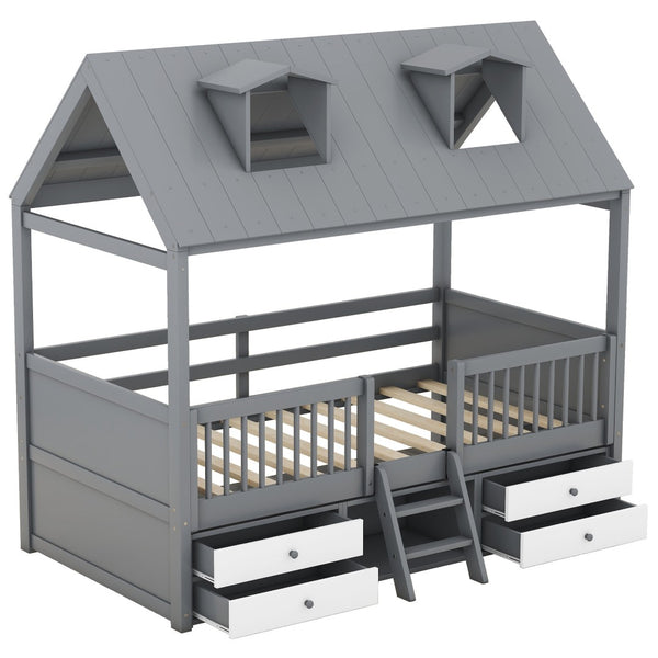 HomeRoots Gray Wood Twin House Bed - Stylish, Sturdy Design for Cozy Bedrooms | Modern Playful Sleep Nook 596468