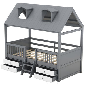 HomeRoots Gray Wood Twin House Bed - Stylish, Sturdy Design for Cozy Bedrooms | Modern Playful Sleep Nook 596468
