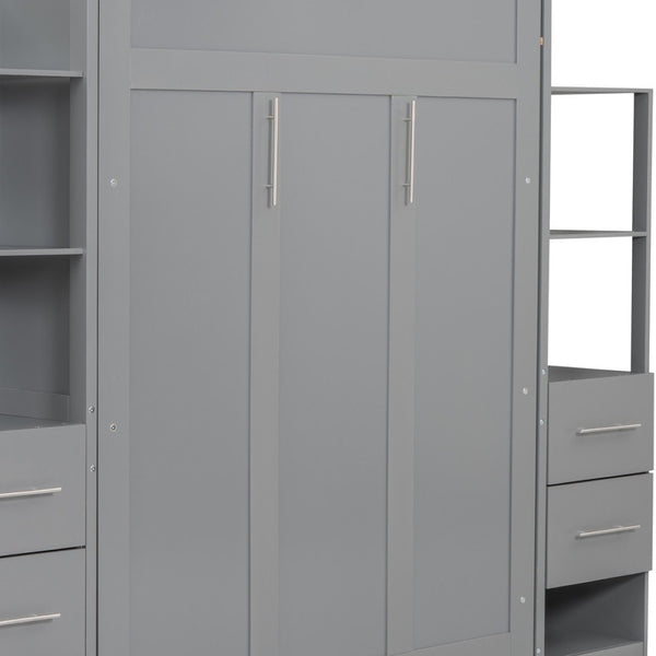HomeRoots Gray Wood Full Murphy Bed with USB Charging & LED Lights - Space-Saving Design for Modern Living 596469