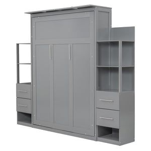 HomeRoots Gray Wood Full Murphy Bed with USB Charging & LED Lights - Space-Saving Design for Modern Living 596469