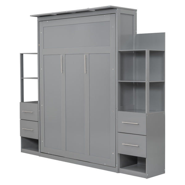 HomeRoots Gray Wood Full Murphy Bed with USB Charging & LED Lights - Space-Saving Design for Modern Living 596469