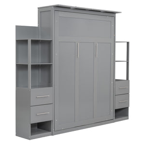 HomeRoots Gray Wood Full Murphy Bed with USB Charging & LED Lights - Space-Saving Design for Modern Living 596469