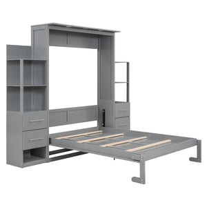 HomeRoots Gray Wood Full Murphy Bed with USB Charging & LED Lights - Space-Saving Design for Modern Living 596469