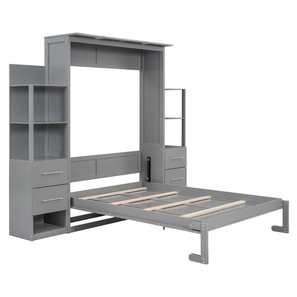 HomeRoots Gray Wood Full Murphy Bed with USB Charging & LED Lights - Space-Saving Design for Modern Living 596469