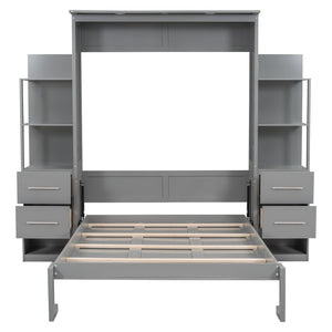 HomeRoots Gray Wood Full Murphy Bed with USB Charging & LED Lights - Space-Saving Design for Modern Living 596469