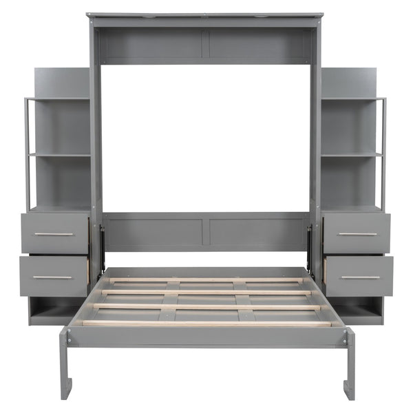 HomeRoots Gray Wood Full Murphy Bed with USB Charging & LED Lights - Space-Saving Design for Modern Living 596469