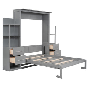 HomeRoots Gray Wood Full Murphy Bed with USB Charging & LED Lights - Space-Saving Design for Modern Living 596469