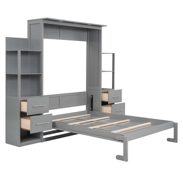 HomeRoots Gray Wood Full Murphy Bed with USB Charging & LED Lights - Space-Saving Design for Modern Living 596469