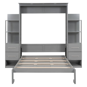 HomeRoots Gray Wood Full Murphy Bed with USB Charging & LED Lights - Space-Saving Design for Modern Living 596469