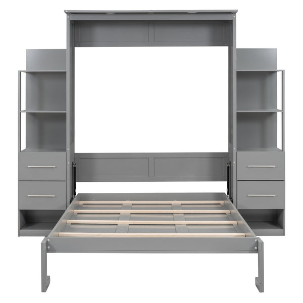 HomeRoots Gray Wood Full Murphy Bed with USB Charging & LED Lights - Space-Saving Design for Modern Living 596469