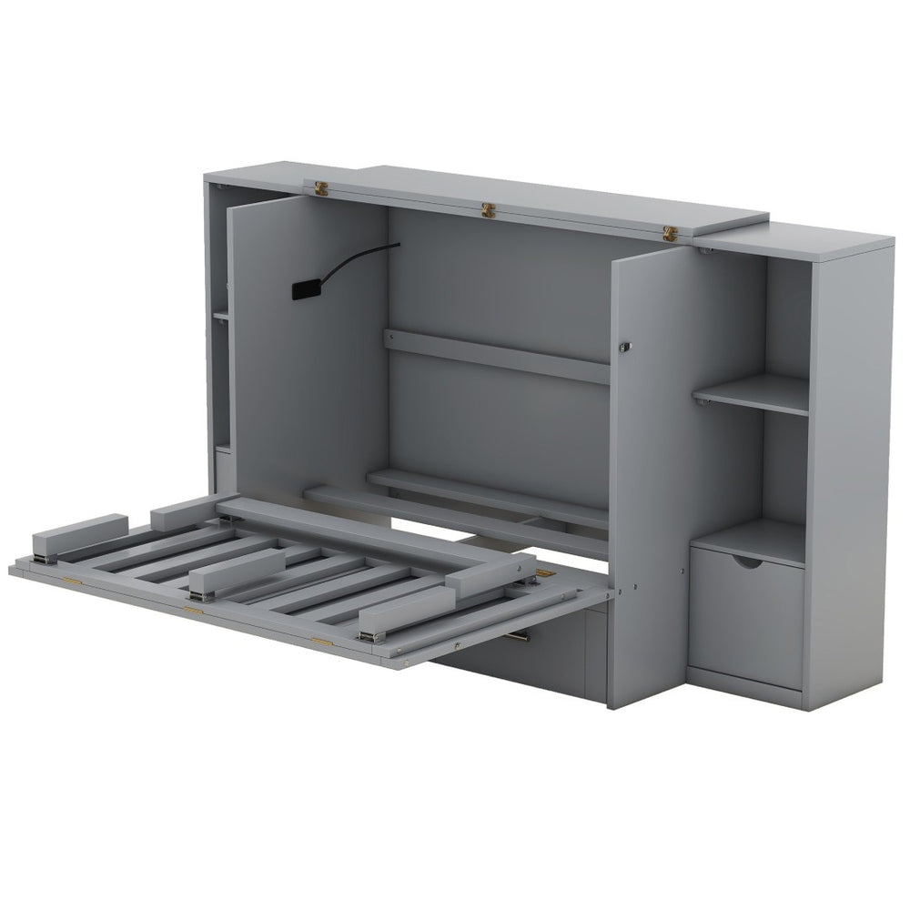 HomeRoots Gray Wood Queen Murphy Bed - Stylish Space-Saving Design with USB, Perfect for Modern Living! 596472