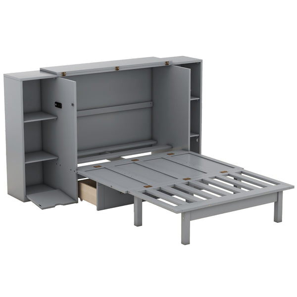 HomeRoots Gray Wood Queen Murphy Bed - Stylish Space-Saving Design with USB, Perfect for Modern Living! 596472