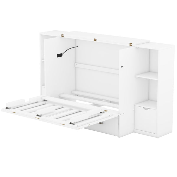 HomeRoots White Wood Queen Murphy Bed with Built-In USB Port | Space-Saving Design for Small Rooms & Guests 596473