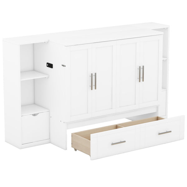 HomeRoots White Wood Queen Murphy Bed with Built-In USB Port | Space-Saving Design for Small Rooms & Guests 596473