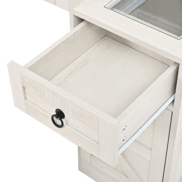 English Elm Farmhouse LED Vanity Desk with Sliding Mirror, Glass Top Storage, Built-In Charging Station & Stool White 37 L x 18.5 W x 13 H N733P340562K