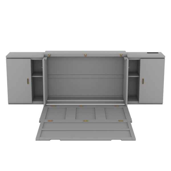 HomeRoots Gray Wood Full Murphy Bed with Integrated USB Charging - Stylish Space-Saving Solution for Any Room! 596474