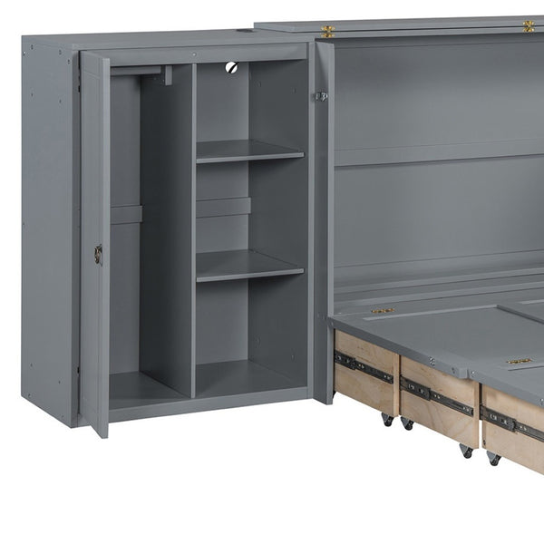 HomeRoots Gray Wood Queen Murphy Bed with USB Charging - Space-Saving Elegance for Guest Rooms & Studios 596478